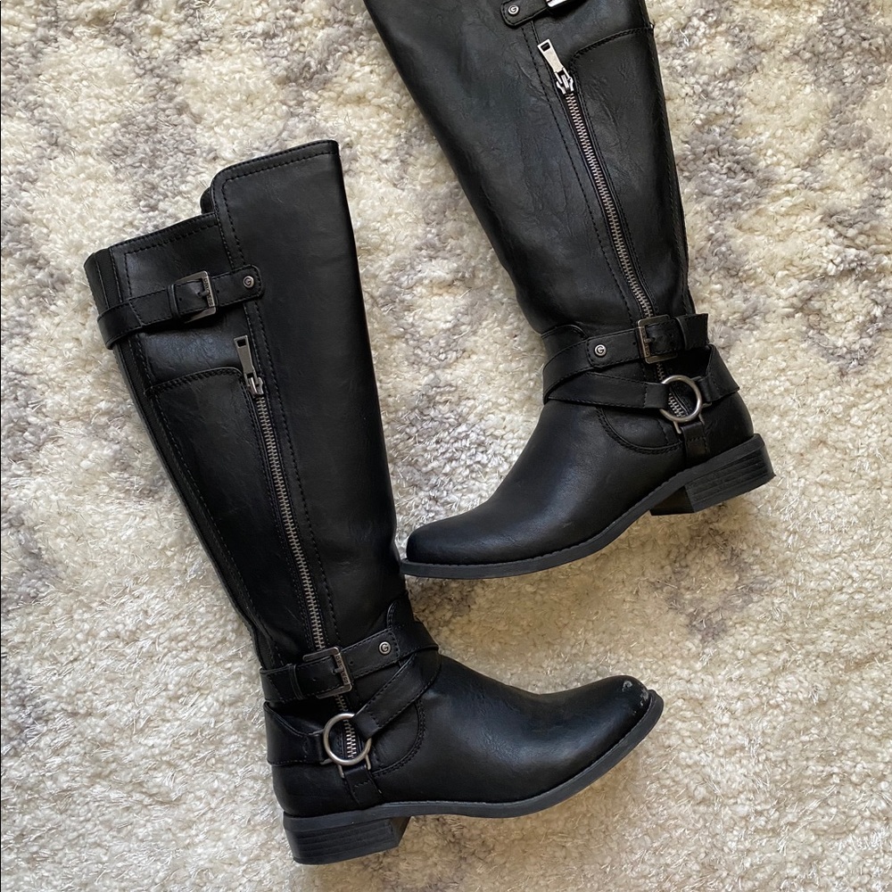 GUESS, Belted Black LL Riding Boots 7.5M